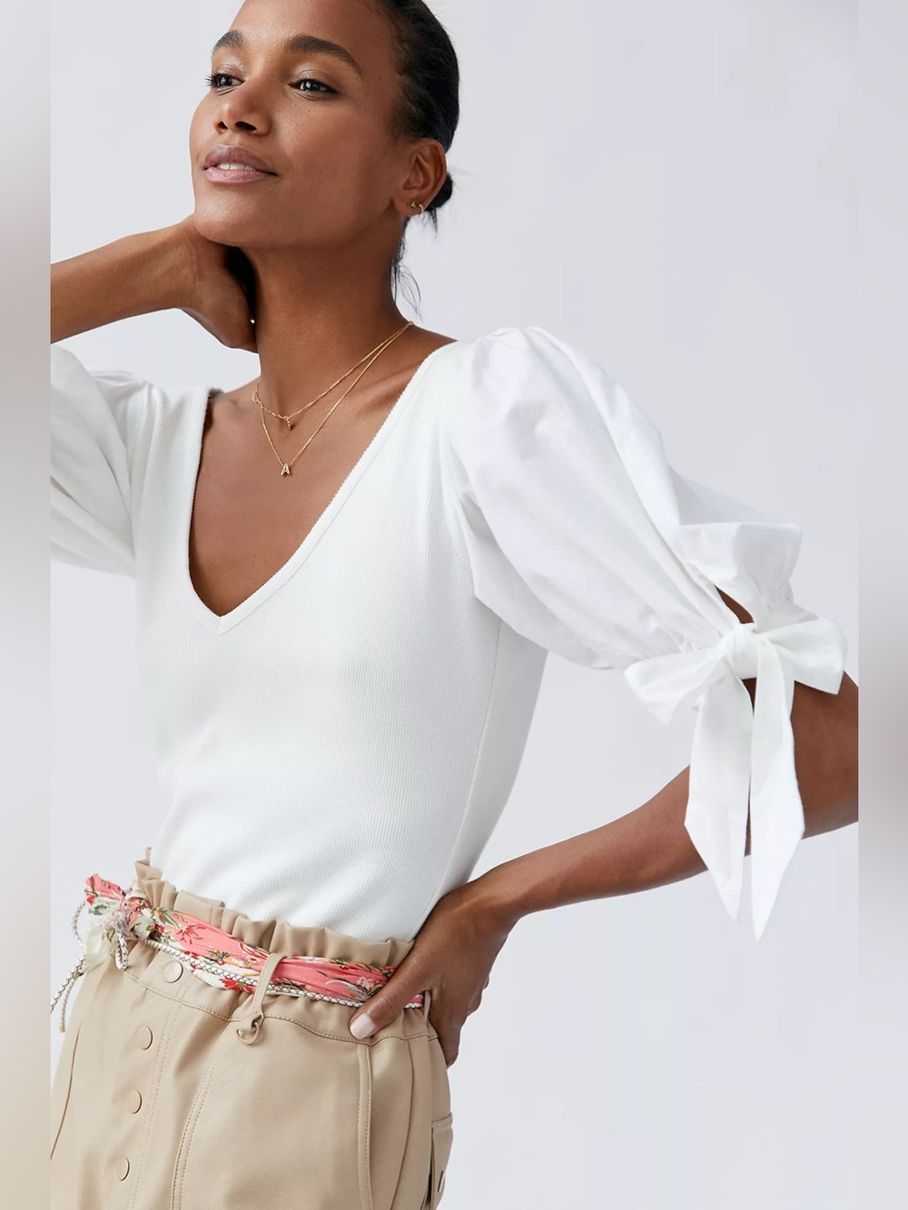 Anthropologie White Puff-Sleeve Tie Top